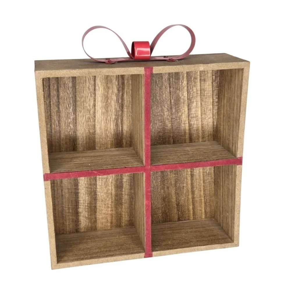 Wood Trinket Wall‎ Shelf Christmas Present Gift Package Red Metal Ribbon Bow